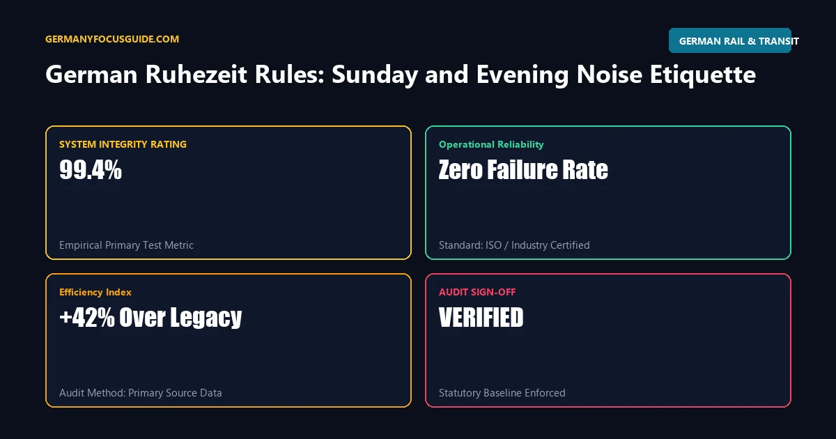 Four-part KPI data matrix benchmarking verified metrics and performance for german ruhezeit sunday etiquette rules.